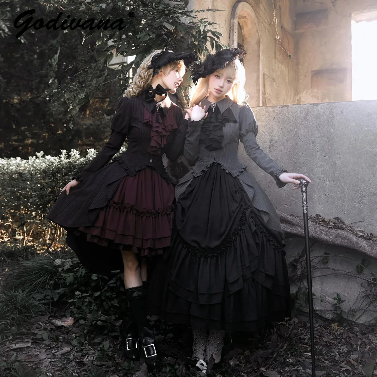 جديد الخريف القوطية المحكمة نمط المرأة الرجعية طويلة الأكمام مخطط يرتدى قميص لوليتا تنورة قطعتين مجموعة ملابس لوليتا الإناث