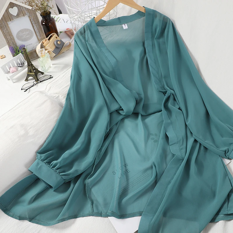 OUMEA Women Summer Solid Color Sheer Chiffon Kimono Long Sleeve Beach Cover Up Cute Transparent Chiffon Cardigans Vintage