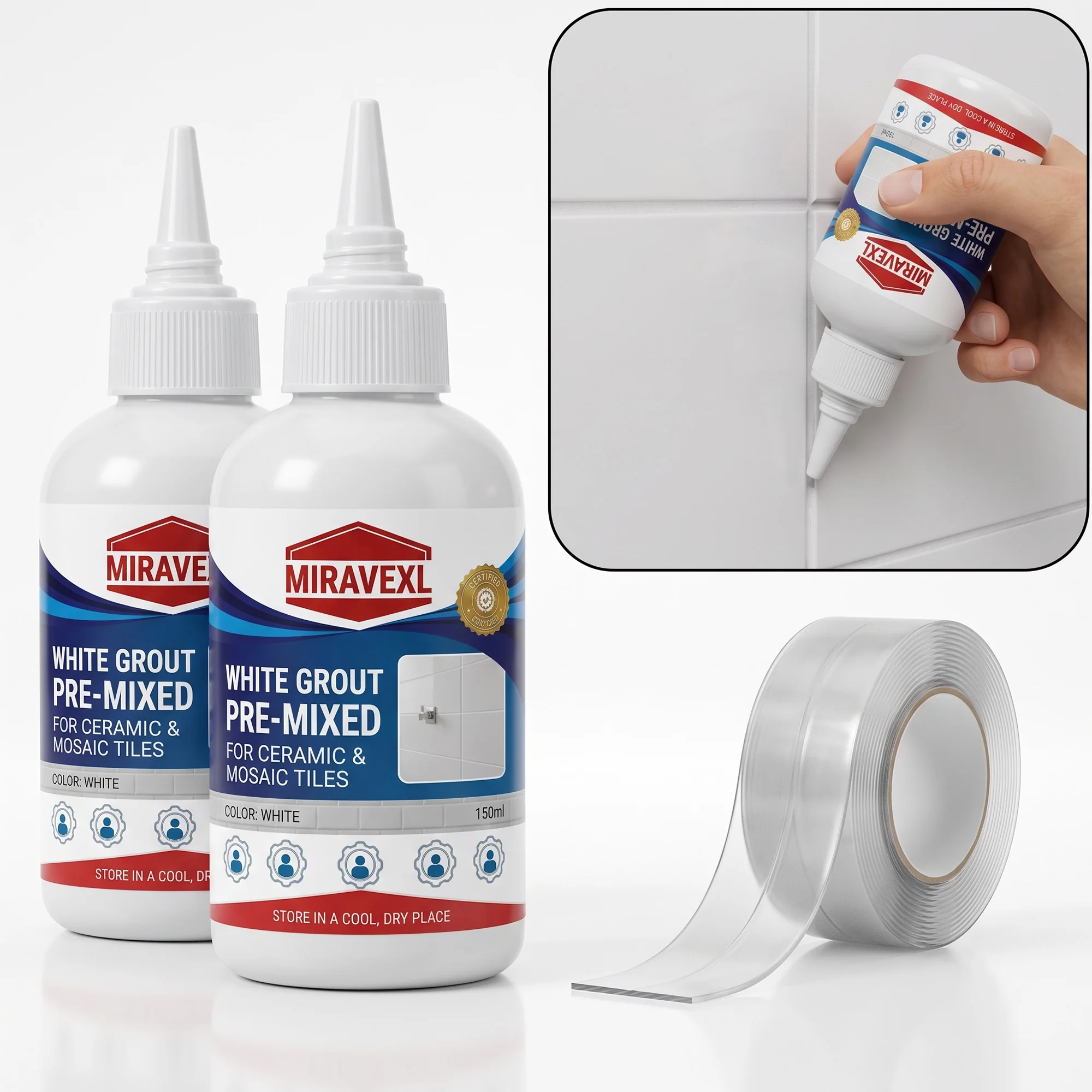 Pre-Mixed White Tile Grout Cleaner Kit with Clear Seam Tape, Waterproof Gap Filler Sealant for Bathroom Kitchen Floor Wall