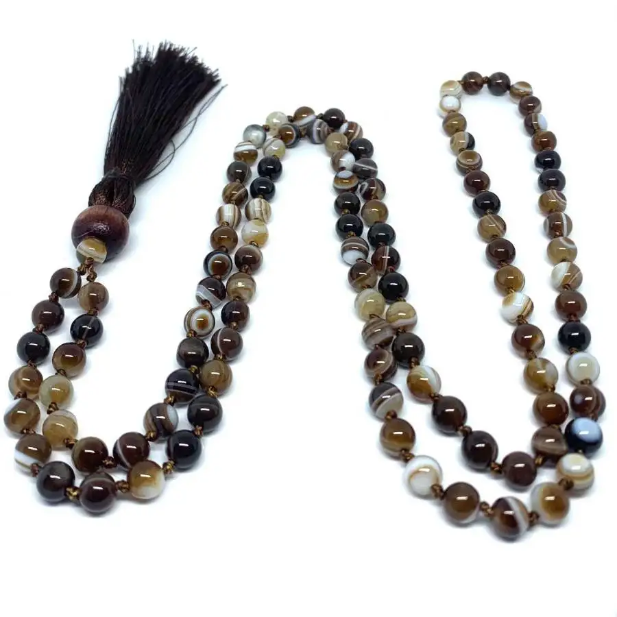 

Natural Banded Agate 108 Mala Beads Necklace with Brown Tassel Grounding Protection Healing Crystal Jewelry