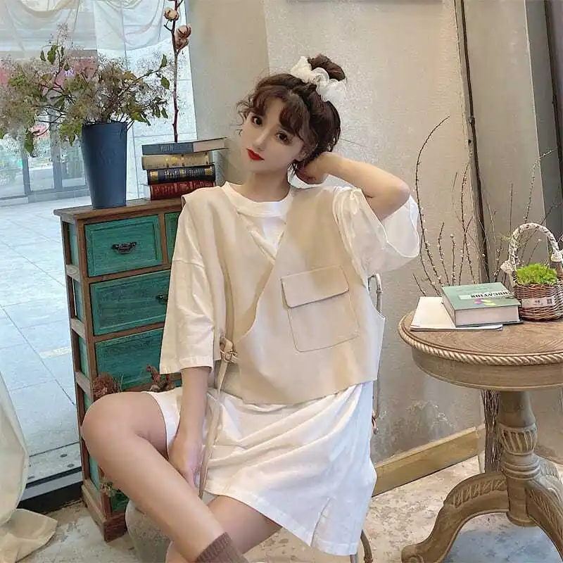 Summer Korean Version Women Clothing Solid O-neck Plus Size Casual Loose Short Sleeves Tops+Vestidos Tshirt Dresses 2 Pieces Set