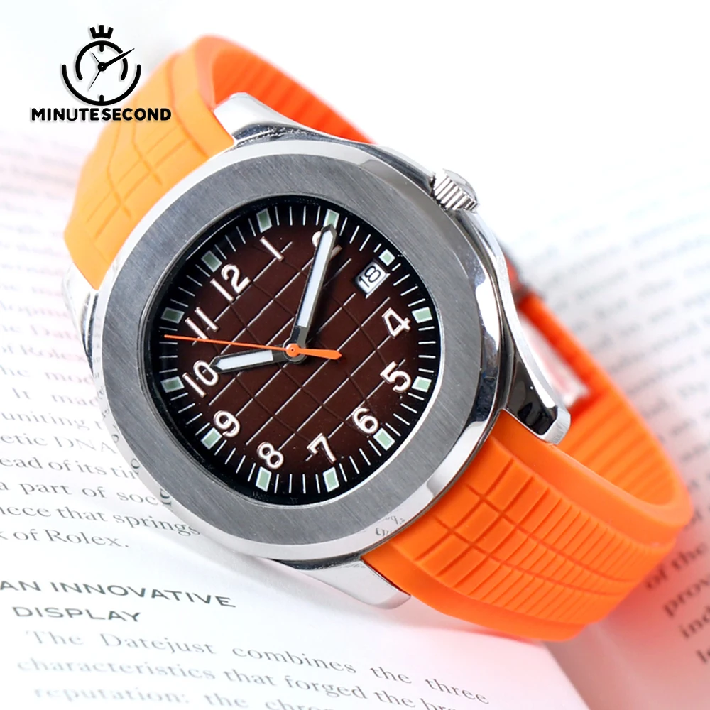 

MINUTECOND NH35 Dial NH35 Watch Sapphire Crystal NH35 Automatic Mechaninal Movement Sapphire Rubber Orange strap Mens Watch