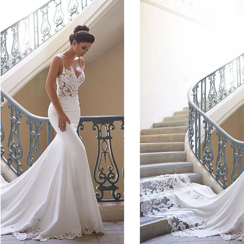 Sexy Mermaid Wedding Dress Spaghetti Strap Sweetheart Bridal Long Gown Applique With Lace Train Robe De Mariée