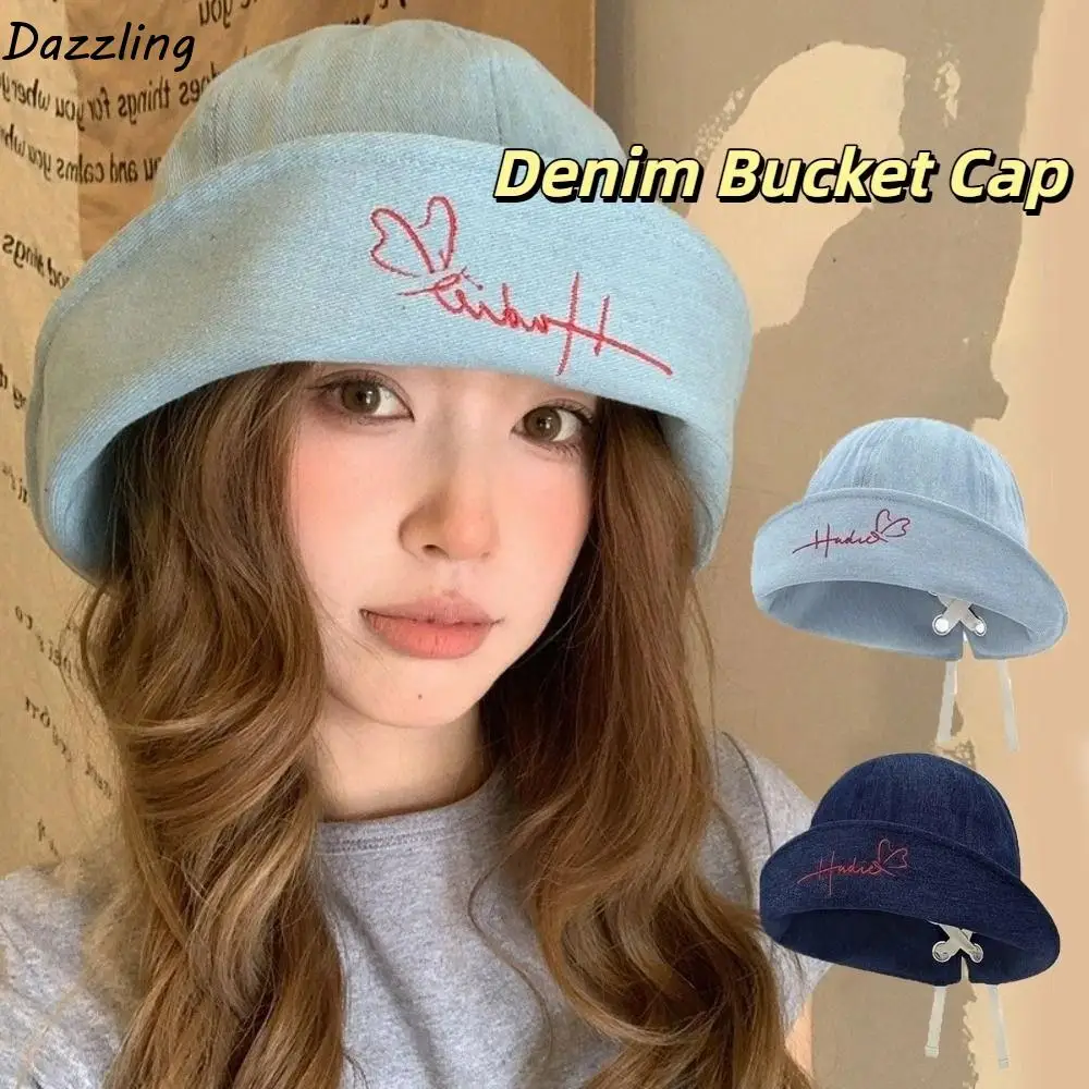 

Foldable Korean Denim Bucket Cap Versatile Bow Tie Denim Fishing Cap Sweet Y2k Sun Protection Hat Streetwear