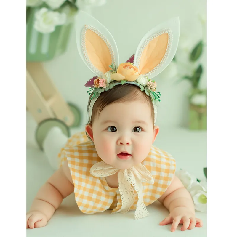 Newborn Photography Outfit Girl Cute Romper Flower Rabbit Ear Headdress Hat Socks Set Baby Photo Clothes Infants Shoot Bodysuit