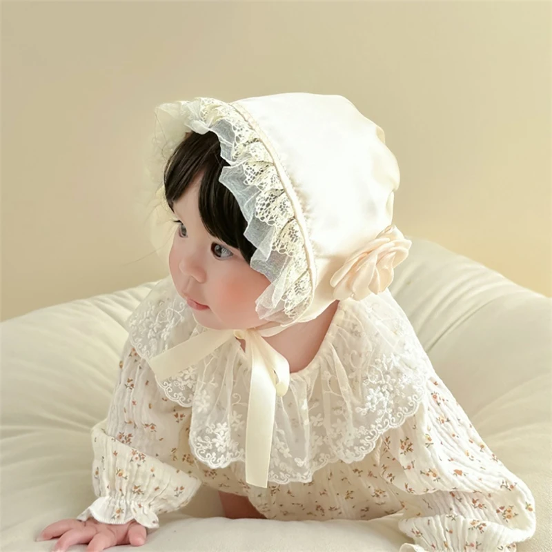 Spring Summer Lace Flower Baby Bonnet Adjustable Satin Princess Baby Girls Sun Hat Newborn Photography Props Lace Cap