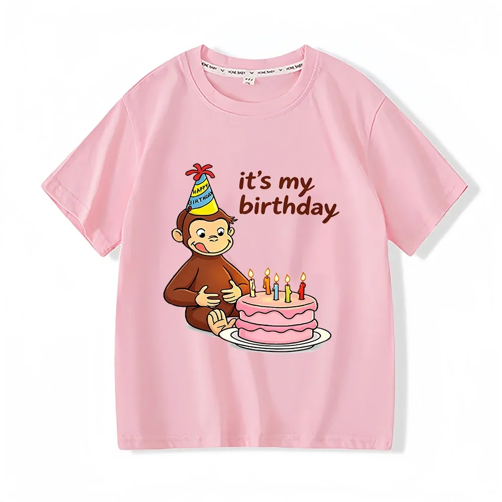 Childrens Short Sleeve Tee Cartoon Monkey Birthday Cake It's My Birthday Graphic Top For Kids Birthday Party Casual Wear