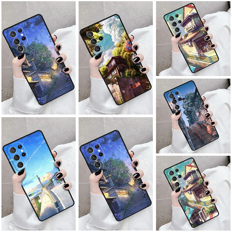 Phone Case For Samsung Galaxy S24 S23 S21fe S22 Ultra Plus Note 10 20 S8 S9 S10 Cover Unique Anime Hand painted House Scenery