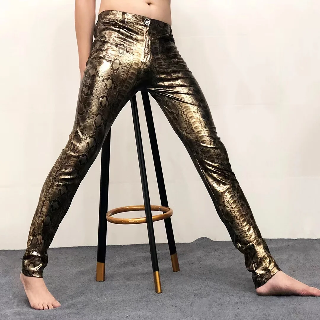 Gold Silver Snake Pattern Shinny Leather Pants Sexy Nightclub Streetwear Tight Stretch Trouser Men Costumes Anti-bright PU Pant