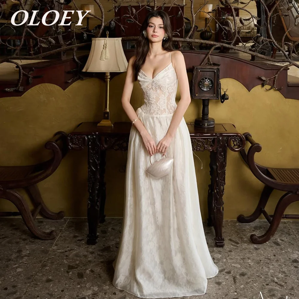 OLOEY Elegant Lace A Line Wedding Dress Spaghetti Straps Floor Length Bridal Gown Zip Back Customized Vestido De Noiva V Neck