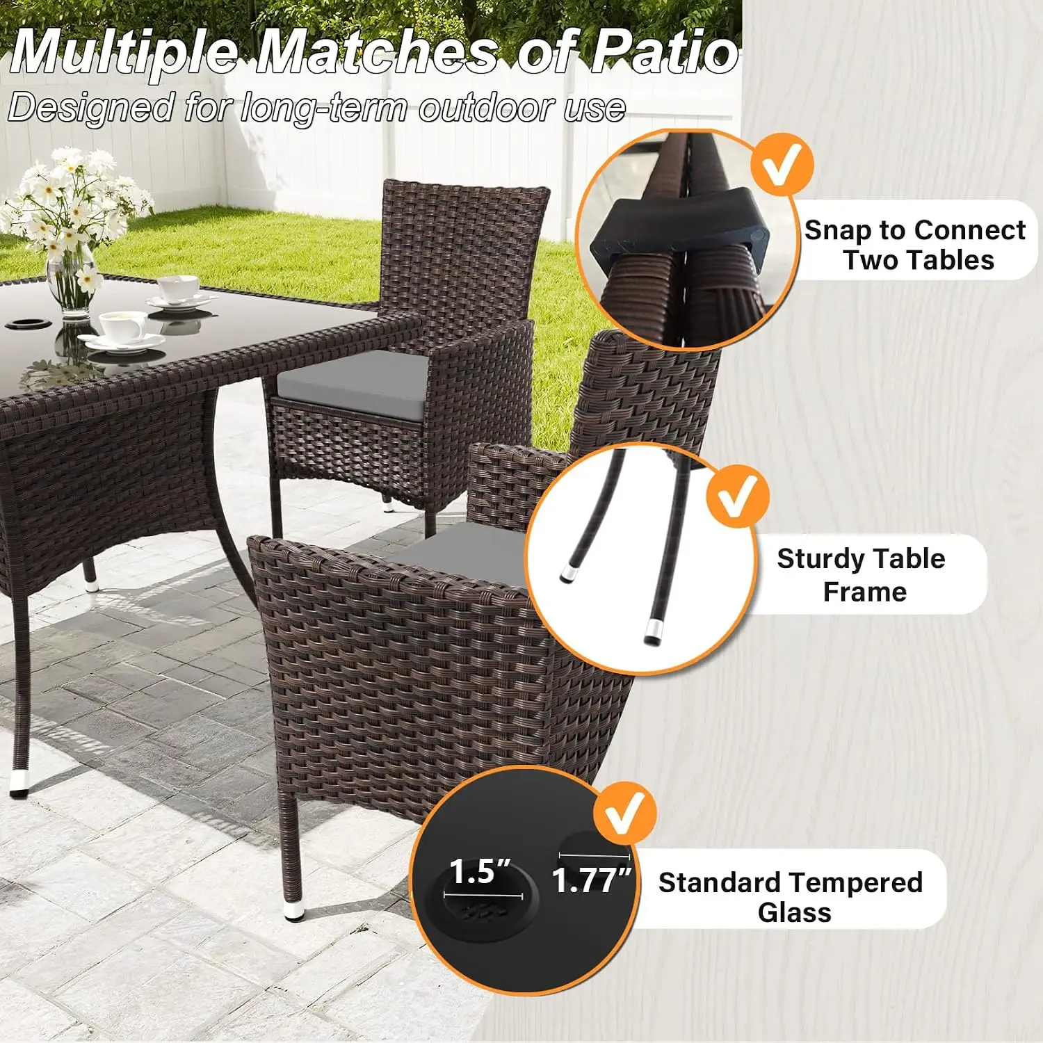 5 Piece Rattan Patio Dining Set All-Weather Furniture Umbrella Hole Glass Table Chairs Cushions Backyard Deck, Customized