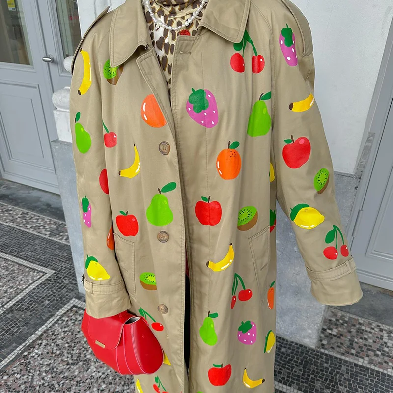 

2024 Chic Fruit Print Long Coat Lapel High Street Niche Design Wind Coat Autumn Fashionable Women Outerwear