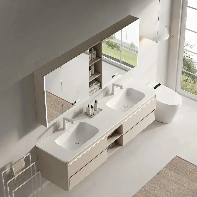 Rock slab hot bending integrated basin stainless steel bathroom cabinet combination double basin washstand designer high-end