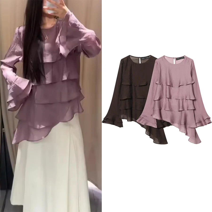 

Женская шикарная однотонная асимметричная многоярусная модная блузка, весенняя элегантная рубашка с круглым вырезом, элегантная женская блузка с расклешенными рукавами для вечеринок