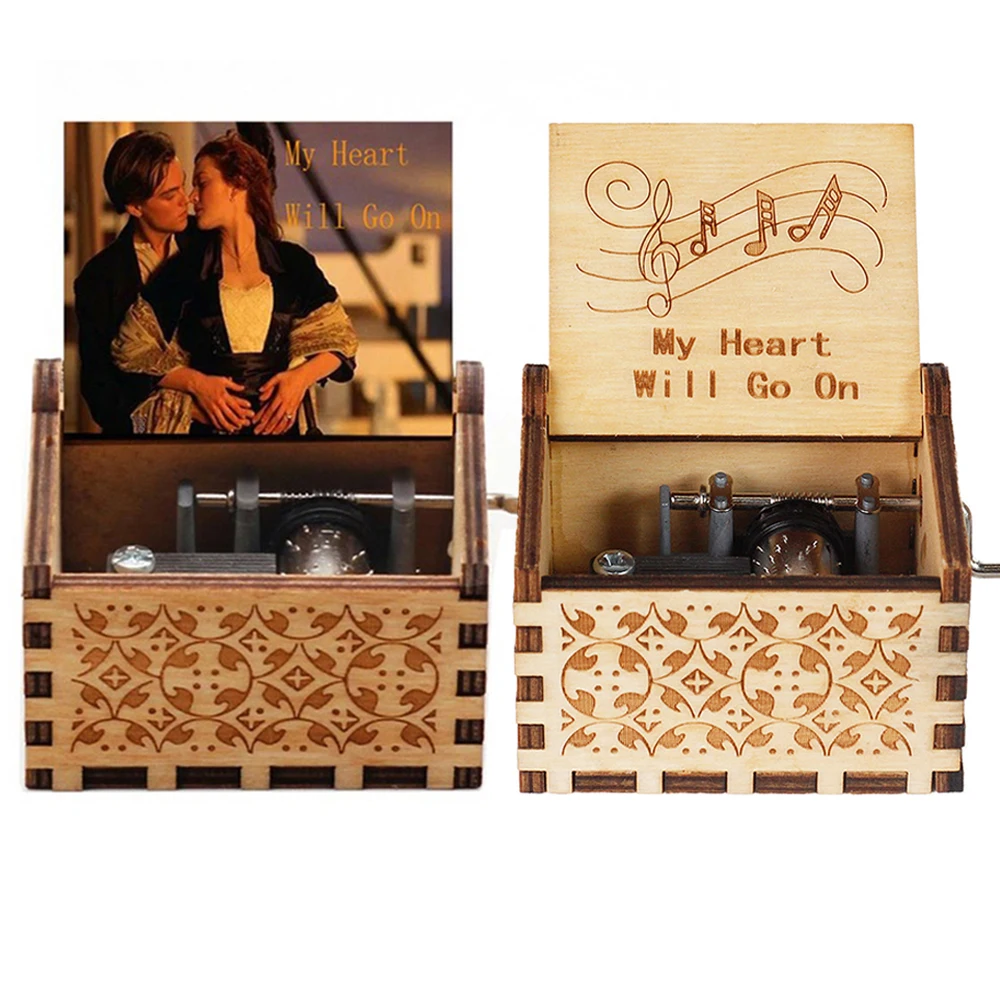 My Heart Will Go Music Box Hand Crank Wooden Vintage Laser Engraved Music Box, Gifts For Birthday/Anniversary/Wedding/Valentine