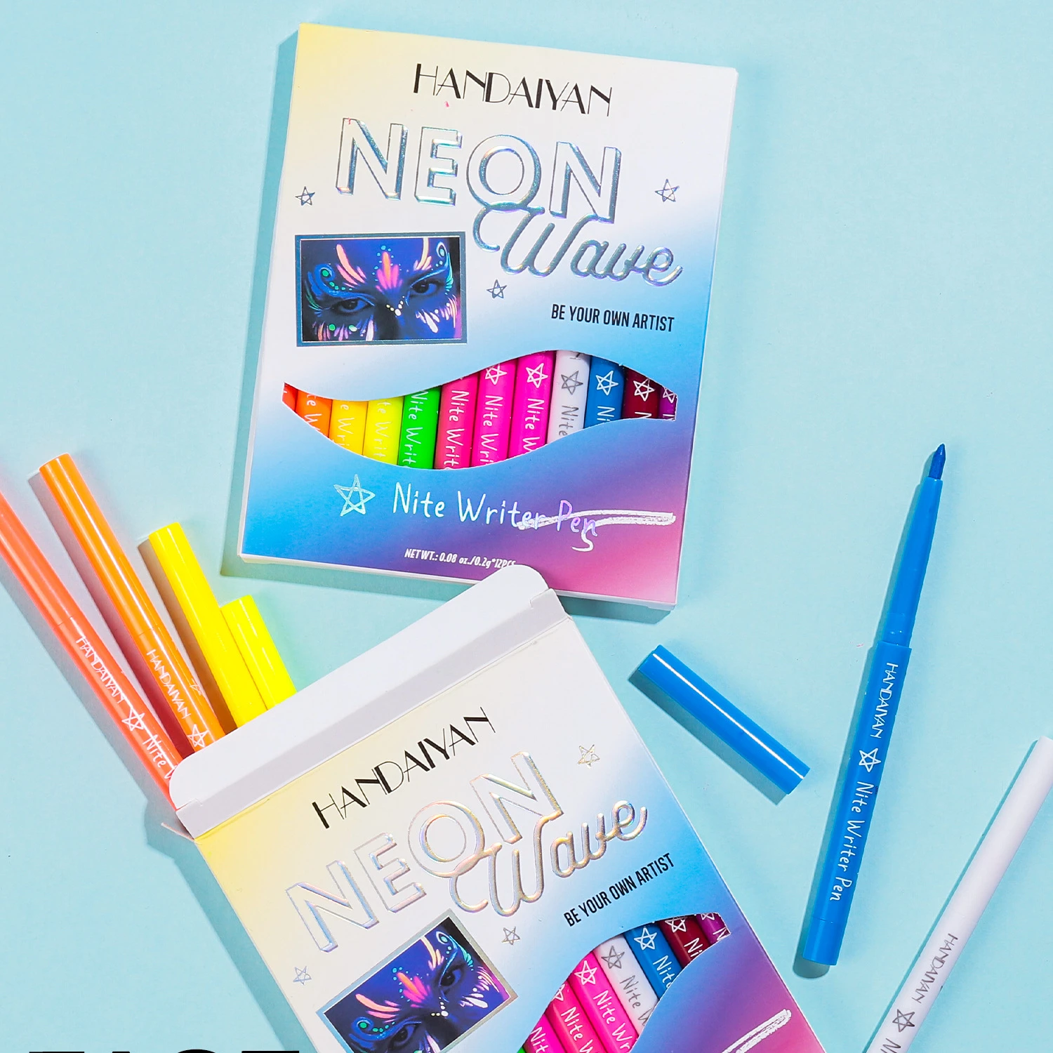 Neon Wave Nite Writer Pen Face Paiting Pen Set UV Glow Neon Makeup Trend, Long-lasting and Safe Formula, 0.2g*12