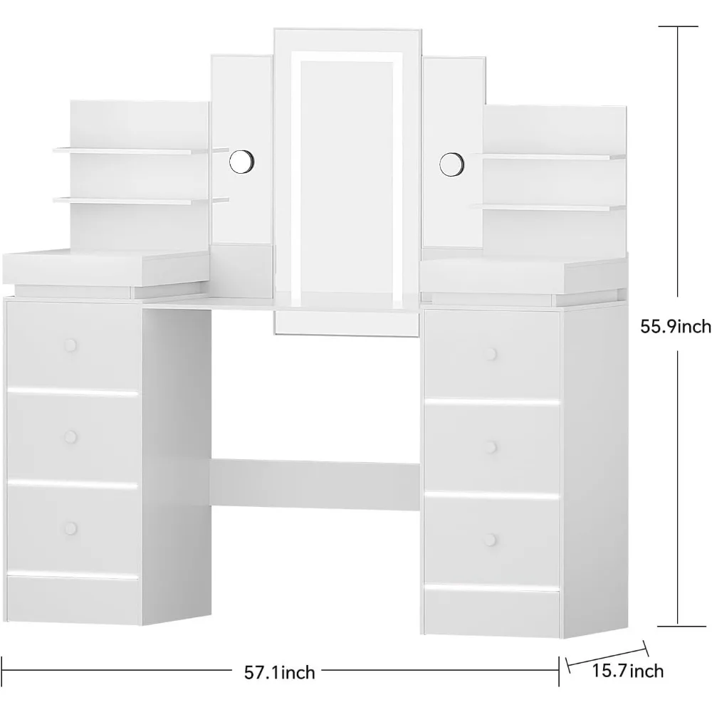 Vanity with Lighted Mirror - Makeup Vanity Desk with Open Storage Shelves 8 Drawers and 6 Drawers with Atmosphere Light