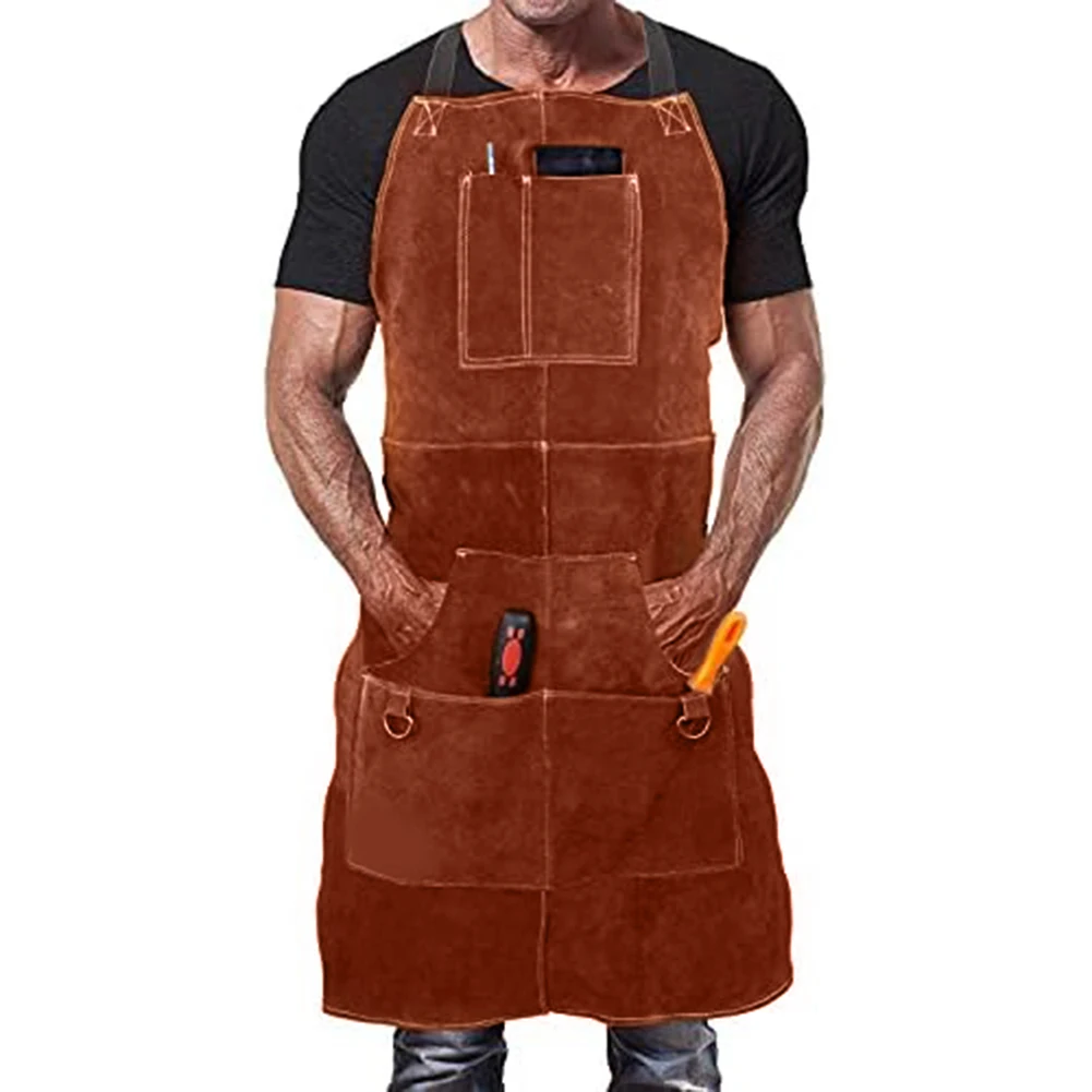 Cowhide Leather Industrial Use Heat And Flame Resistant Apron Leather Work Apron 6 Large Pockets For Blacksmiths