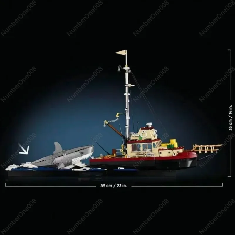 IN stock 21350 Jaw Diorama White Shark Model Building Blocks Set Pirate Ship Sea Fisher Fishing Boat Vessel Toys for Kid Gift