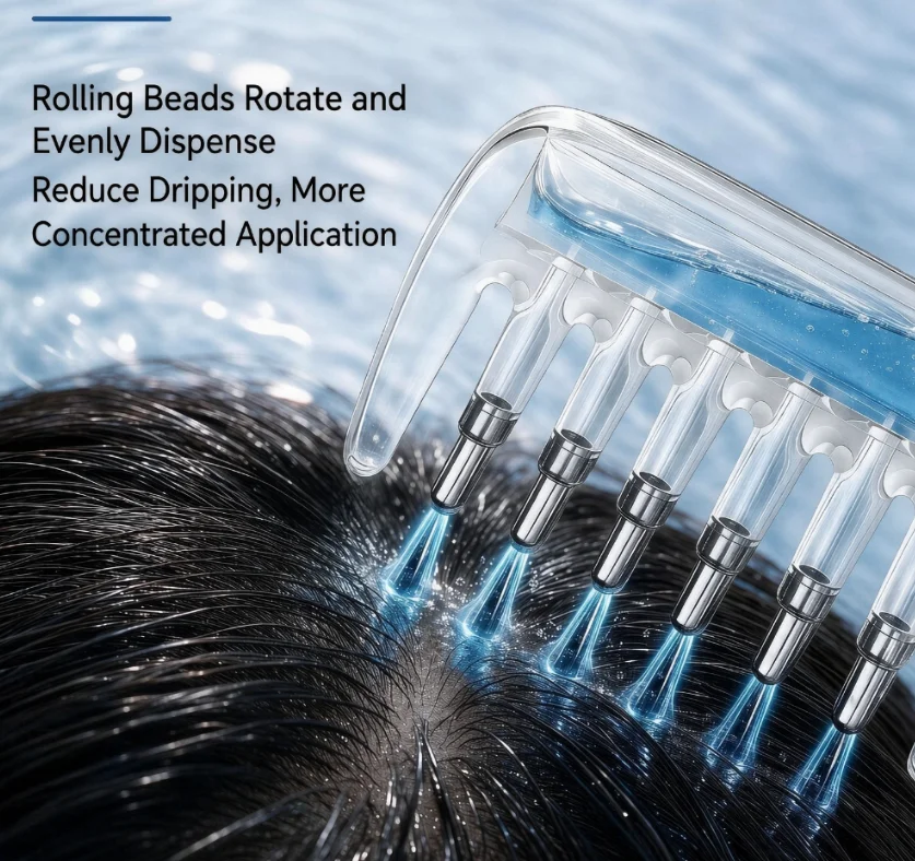 Transparent Essential Oil Applicator Massage Comb Rolling Metal Teeth 7-Tooth Liquid Guiding Scalp Massager Comb Hair Care Tool