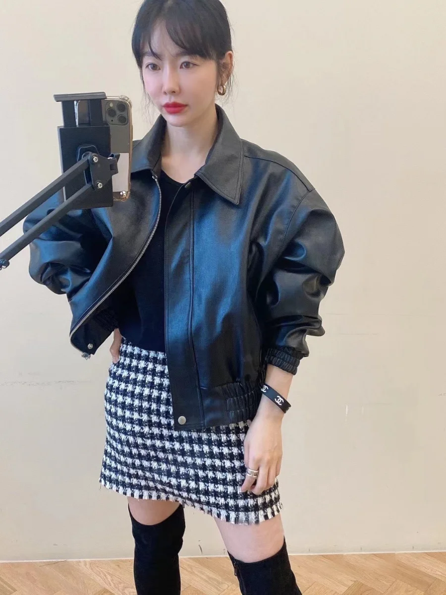 Sli Loose PU Leather Jaet Women's Batwing Sve Slimming Autumn Winter New Sle Motorcycle Top Faionable ort Coat