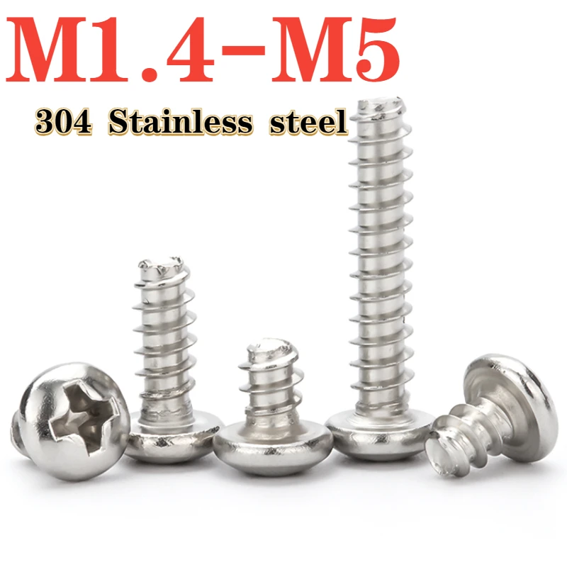 304 Stainless Steel M1.4 M1.7 M2 M2.2 M2.6 M3 M3.5 M4 M5 Round Head Cross Recess Self Tapping Cross Flat Tail Self Tapping Screw