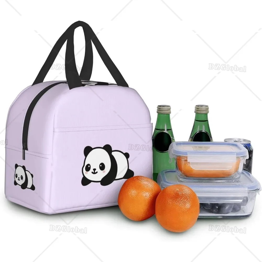 Cute Panda Purple Lunch Bags Insulated Lunch Box for Women Reusable Tote Cooler Bag for Shopping Picnic Travel