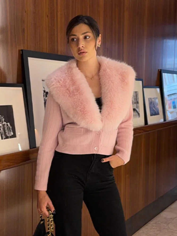 

Sweet High-quality Pink Faux Fur Collar Tops Chic Comfort Long Sleeved Collar Blouse Single Breasted Sweater New Woman clothing
