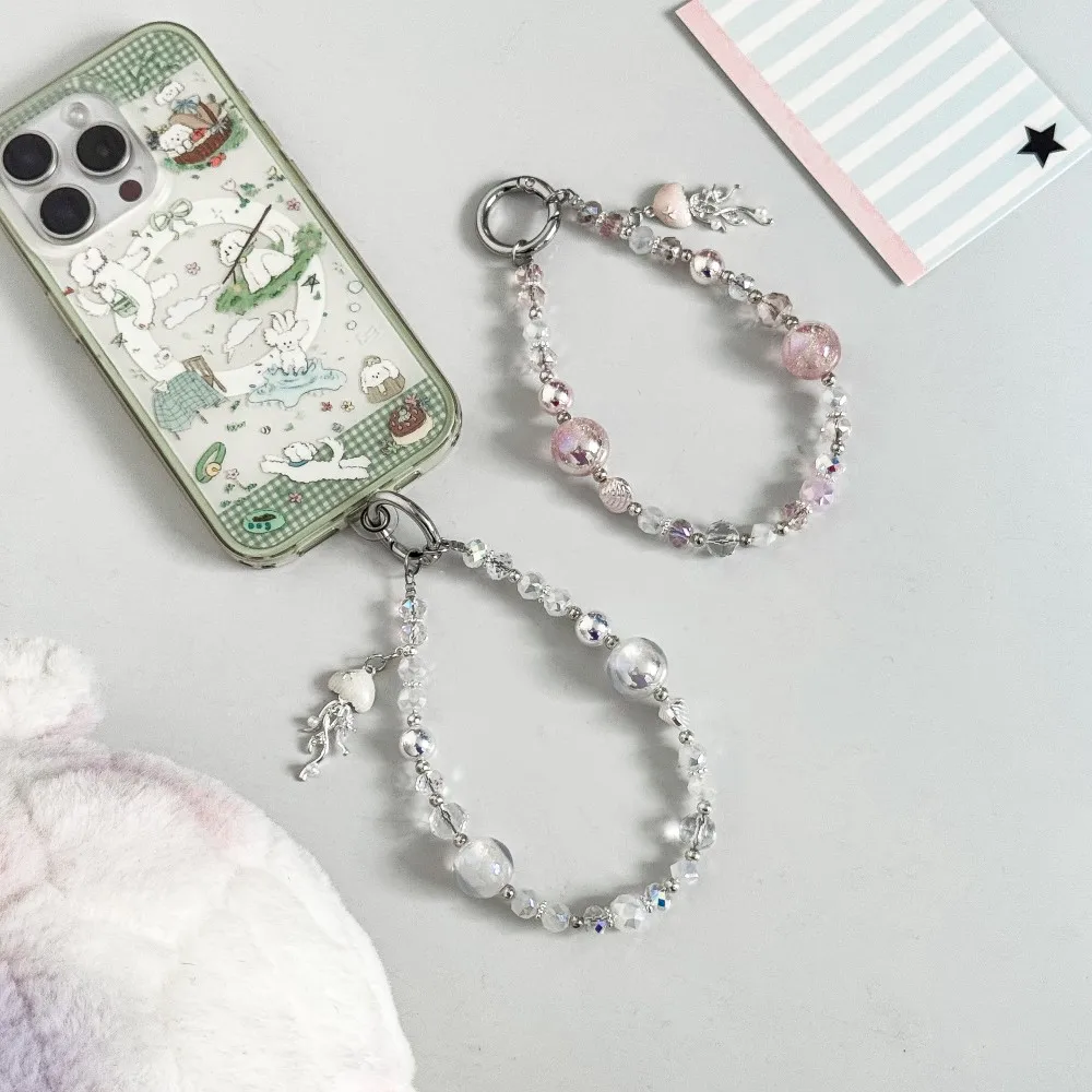 

For Phone Case Key Chain Bag Pendant Luxury Crystal Bead Mobile Phone Lanyard Hand-Held Chain Wrist Short Hanging Rope With Clip
