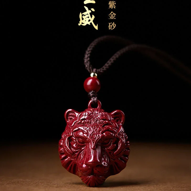 Fashion Cinnabar Jade Tiger Head Pendant Necklace Jewellery Chinese Hand-Carved Healing Women Man Luck Gift Sweater Chain