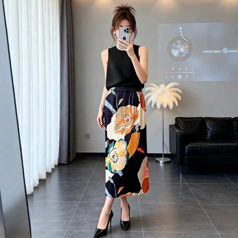 Miyake Pleated 2026 New Original Pleated Summer Mid-Length Skirt Versatile Casual Fashion Retro Oil Painting Floral Print Pleat