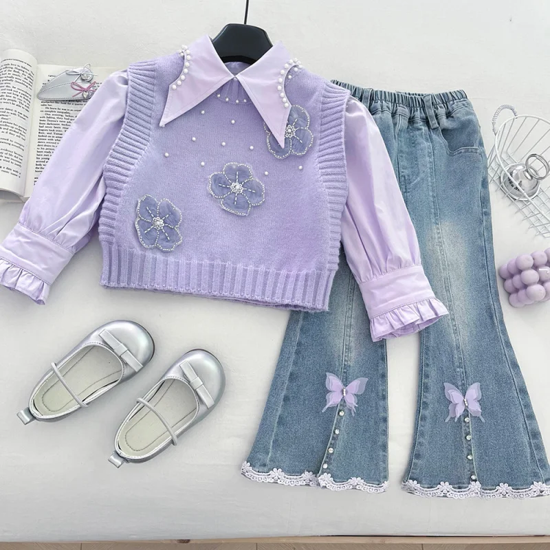

Girls' Knitted Suit Spring and Autumn2025New Fashion Beaded Flower Vest Shirt Jeans Three-Piece Set Trendy