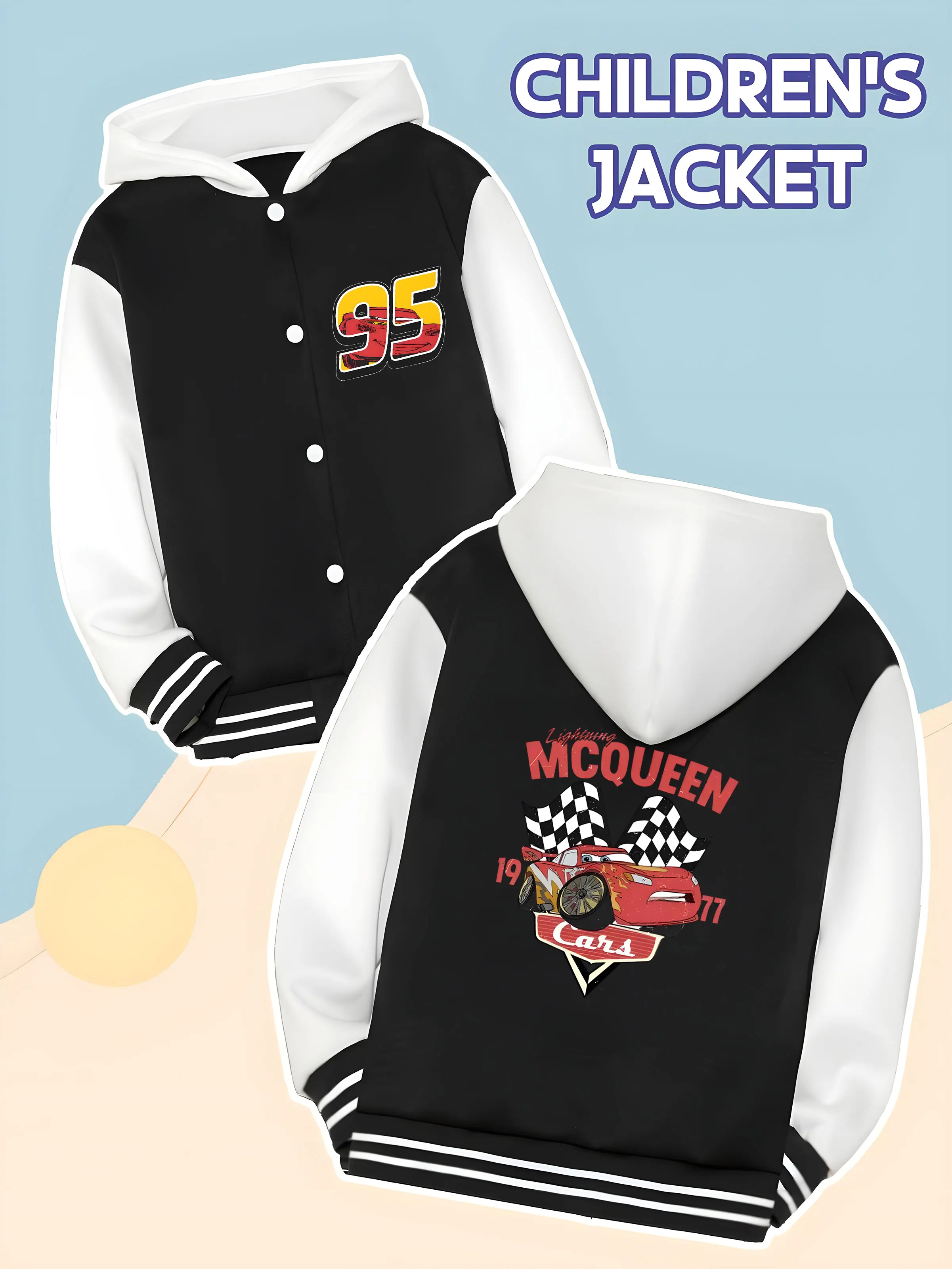 

MINISO Disney Racing: McQueen Checkered Flag Kids' Baseball Jacket - McQueen Racing with Checkered Flag, Outdoor Play Wear