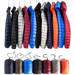 0-10 ℃ Herren Winter jacke ultraleichte Enten Daunen jacken tragbare Kapuze Puffer Feder dünne Parkas wind dichte Oberbekleidung Mantel 6xl