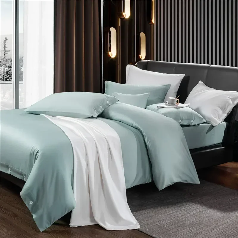 

5 star hotel Solid color Bedding set Queen King size Cotton Bed sheet spread set with Buttons Satin Bed Duvet cover pure color