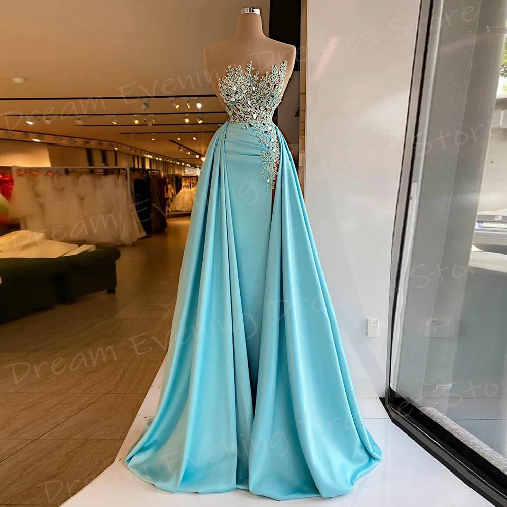 Prachtige Blauwe Zeemeermin Elegante Damesavondjurken Moderne Strapless Mouwloze Galajurken Hoge Split Kralen Vestido De Noche