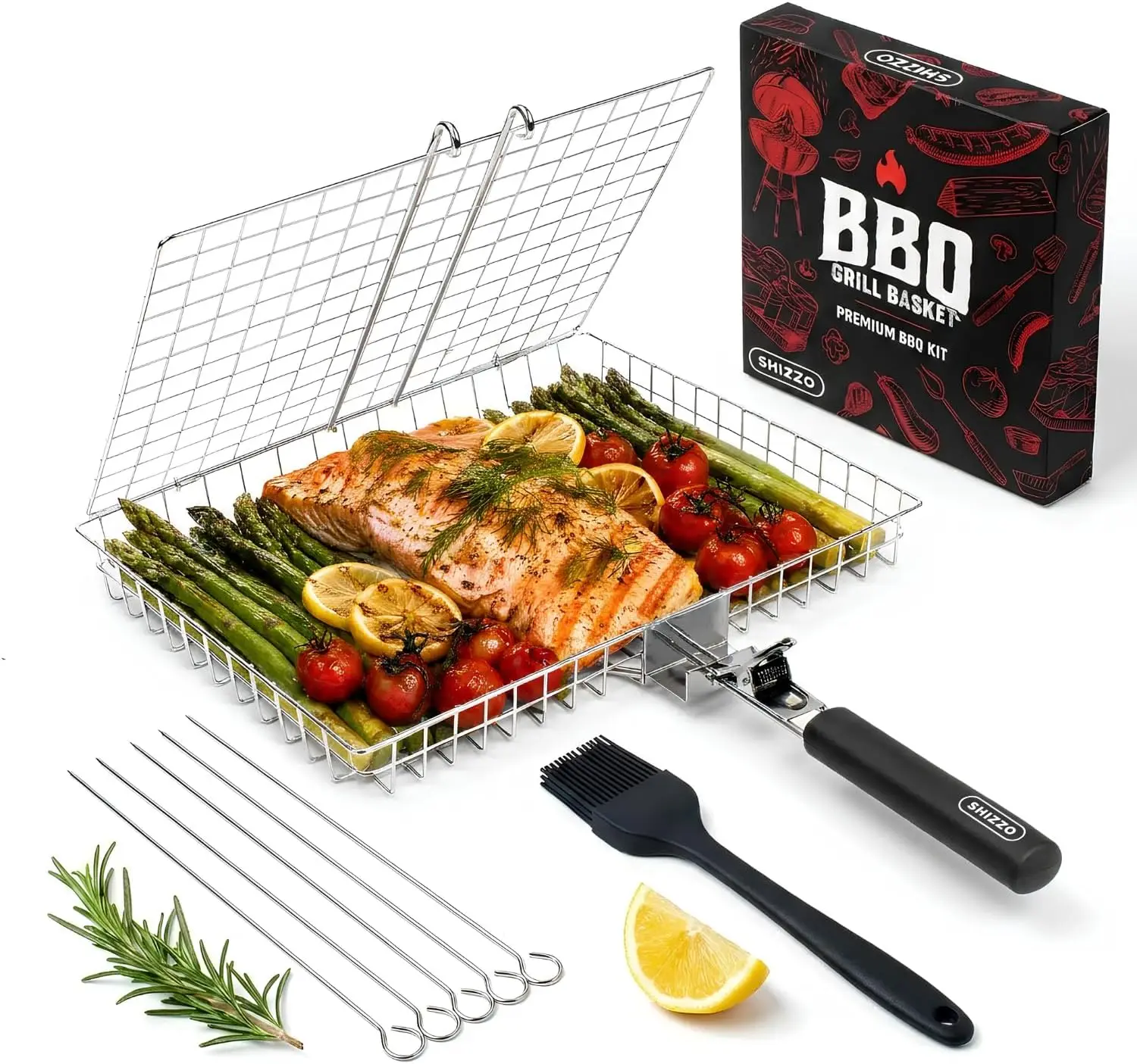 Grill Basket Gift Set - Removable Wooden Handle - Non-Stick Stainless Steel, BBQ Grilling Rack for Fish, Shrimp, Vegetables - Ca
