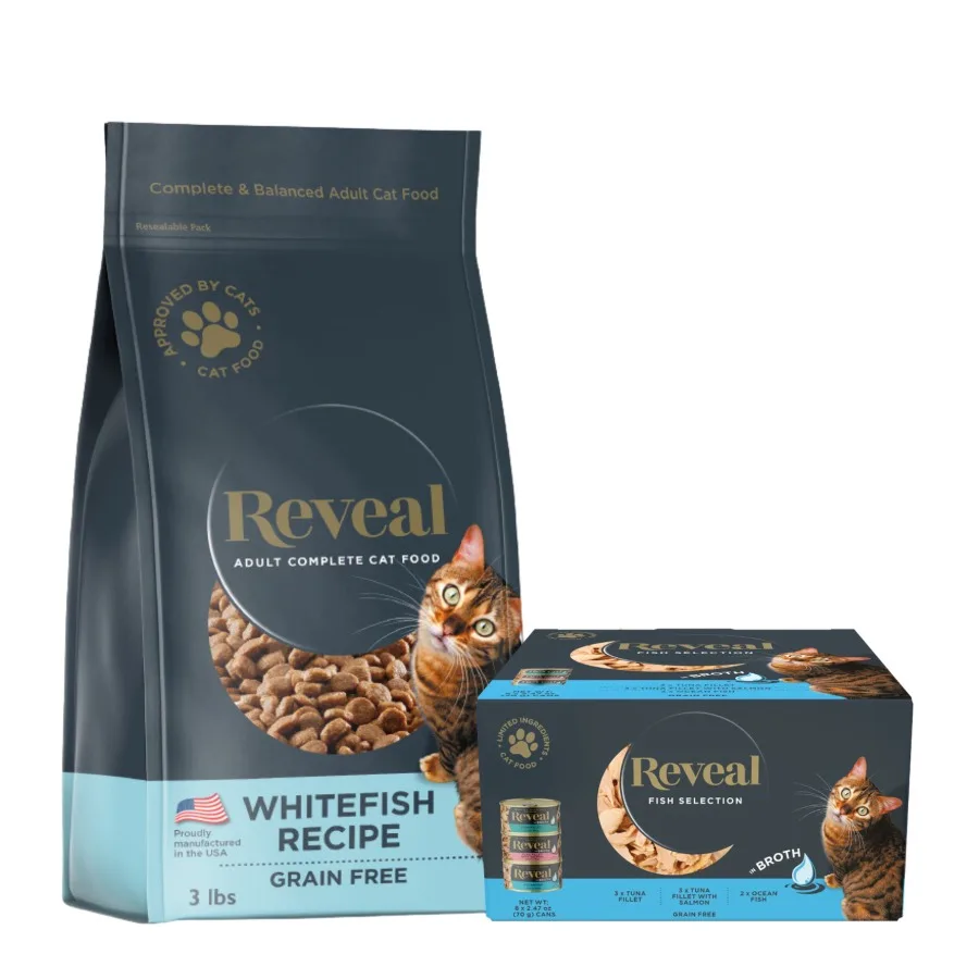 

Влажный корм для кошек Reveal Dry Cat Food Whitefish Recipe, 3 фунта, ассорти из рыбных видов в бульоне, 8 банок по 2,47 унции