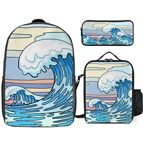 Estilo japonês onda ukiyo-e conjunto de bolsa escolar com lancheira caso lápis para meninos meninas adolescentes mochila diária leve saco de viagem