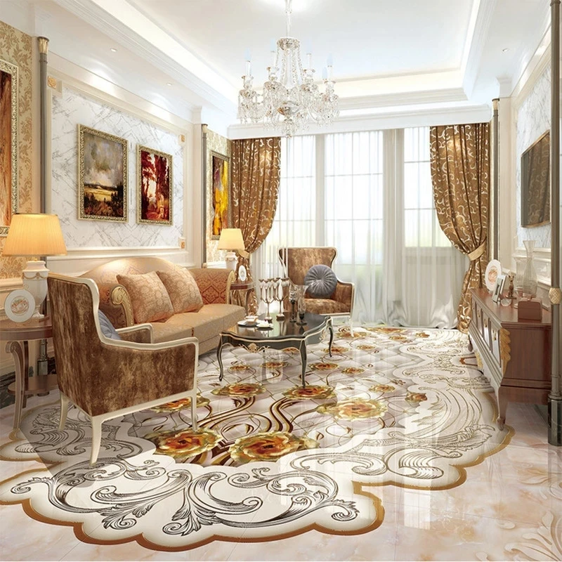 Custom Photo self-adhesive Wallpaper European Gold Rose Reliefs Marble Mural Hotel 3D Floor Tiles Sticker Living room bedroom 8d
