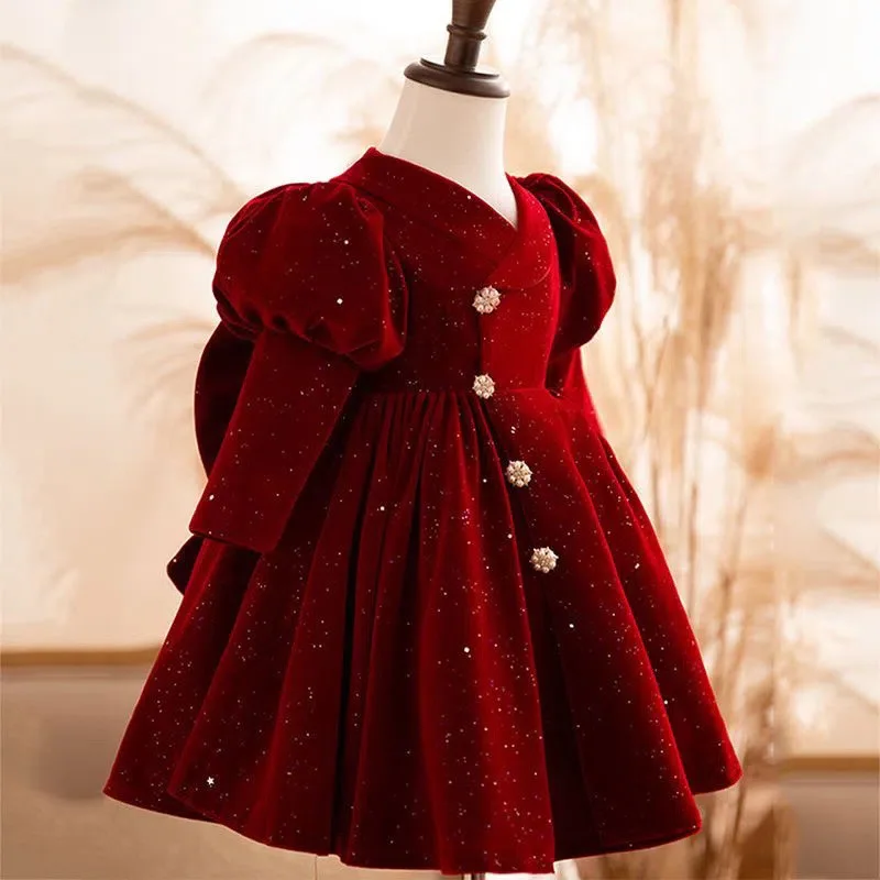 ICJAEHAO Burgundy Baby Girl First Birthday Dress Winter Spring Girls Princess Red Dress High-End Fashion Dress New Year Vestidos