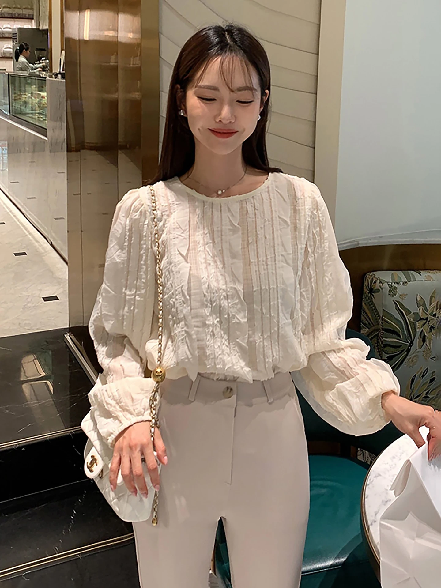 

Dongdaemun Faion Tassel Trim Blouse Women's Small Top Long Sve round Ne Chiffon irt Korean Sle Straight Cut Spring