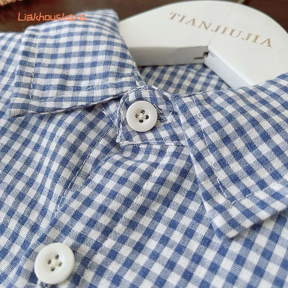2026 New Korean Boys Plaid Long Sleeve Lapel Shirts Toddler Casual Tops For 2-10Y Baby Boy Fashion Kids Daily Clothing 80-140cm