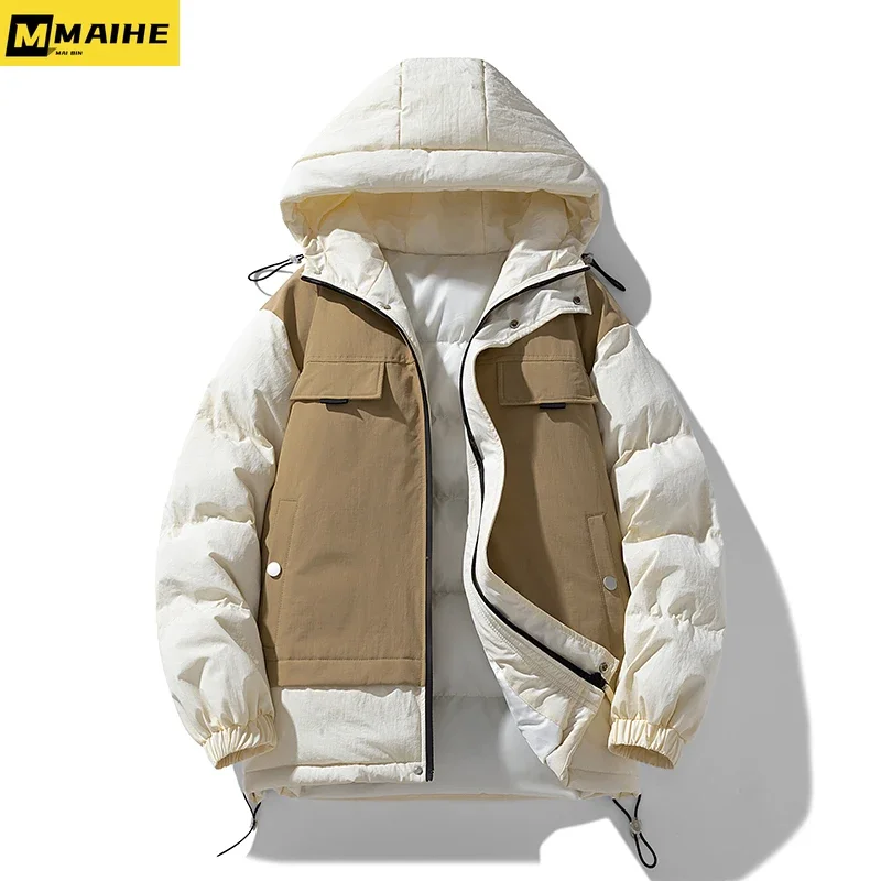 

2023 new cotton-padded coat male winter thickened down cotton hooded fake two jackets Harajuku trend neutral windproof ski parka