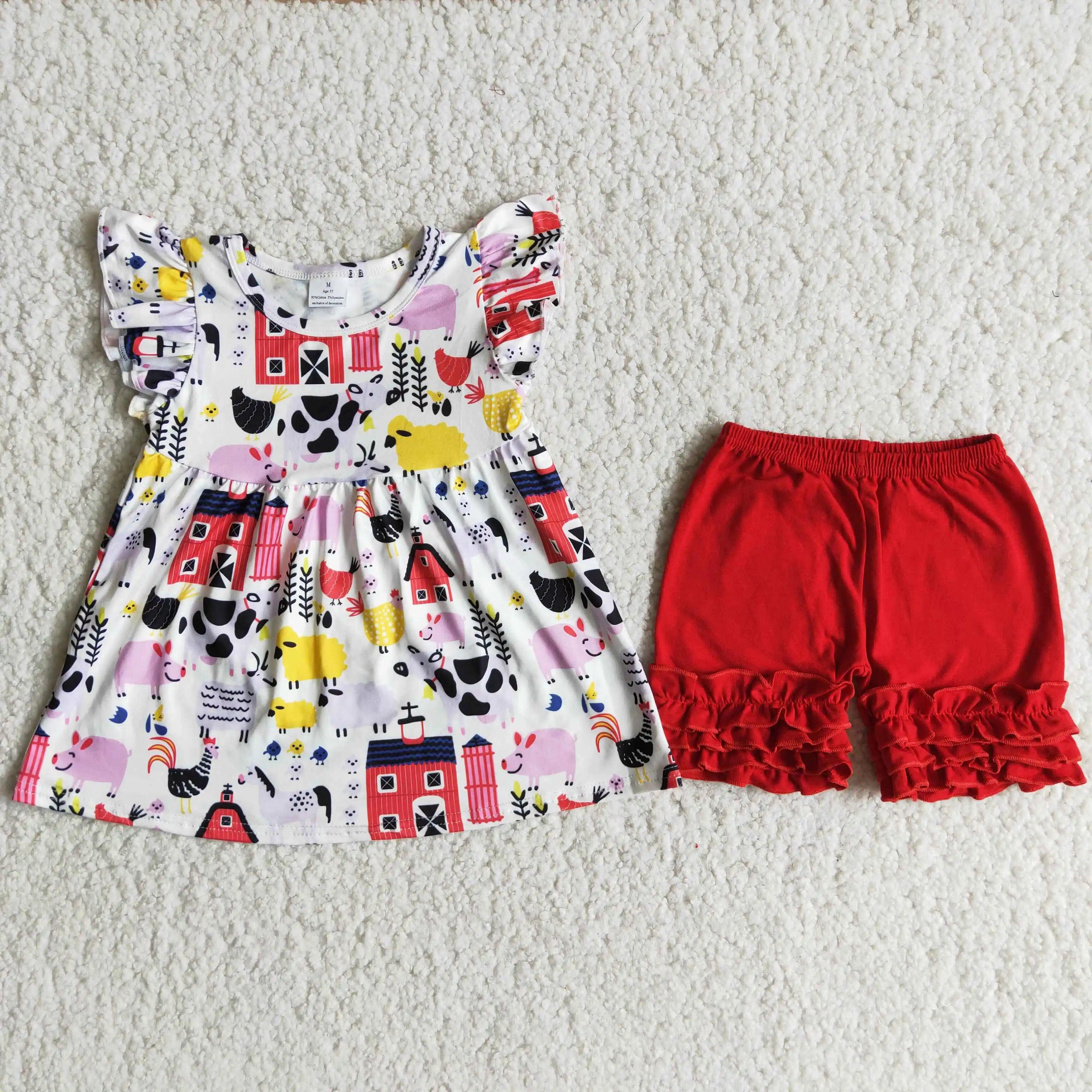 

Cheap Price Wholesale Baby Girl Summer Set Short Sleeves Farm Clothes Shirt Kid Red Ruffle Cotton Shorts toddler girl clothes