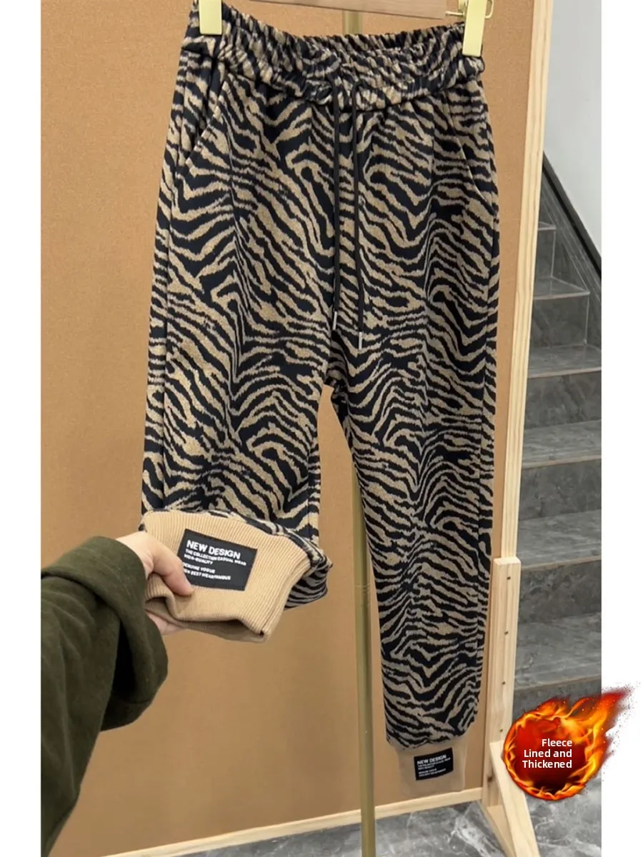 

Женские брюки-галифе с тигровым принтом, осенне-зимние, шерстяные, с высокой талией, утягивающие, больших размеров, укороченные, с отворотами, в стиле ботфит, с зебровым принтом