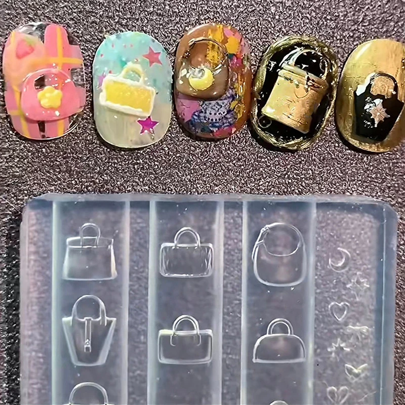 1 Pcs Nail Art Templates Nail Mold Nail Charms Gift 3D Cute Cartoon Bag Shape Nail Art Decoration Mold Diy Silicone Transparent