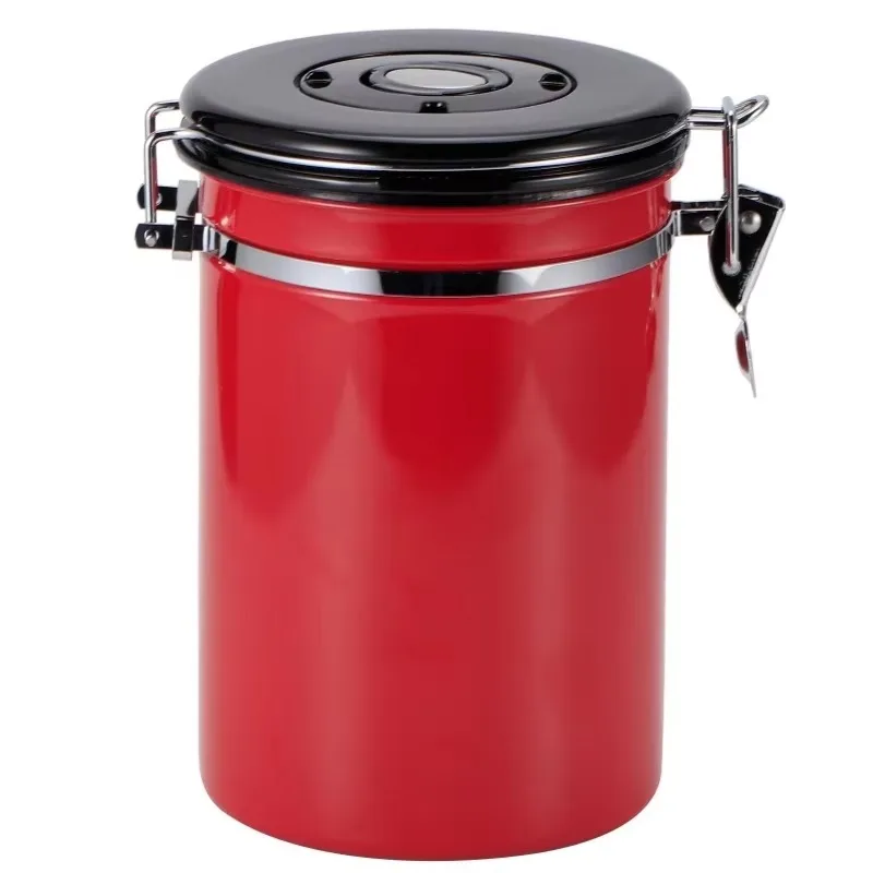Stainless Steel Sealed Tank MoistureProof Coffee Bean Tea Storage Pot with Air Evacuation Valve Red/Gold 1.8L about Holding 750g