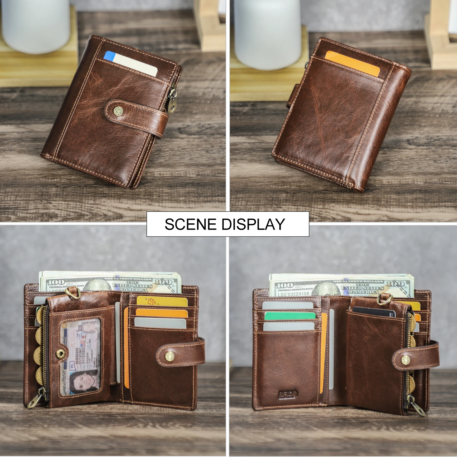 CONTACT'S Genuine Leather Short Wallets for Men Full Grain Leather Card Holder Money Clip Coin Purse Male Hasp Bifold Wallets