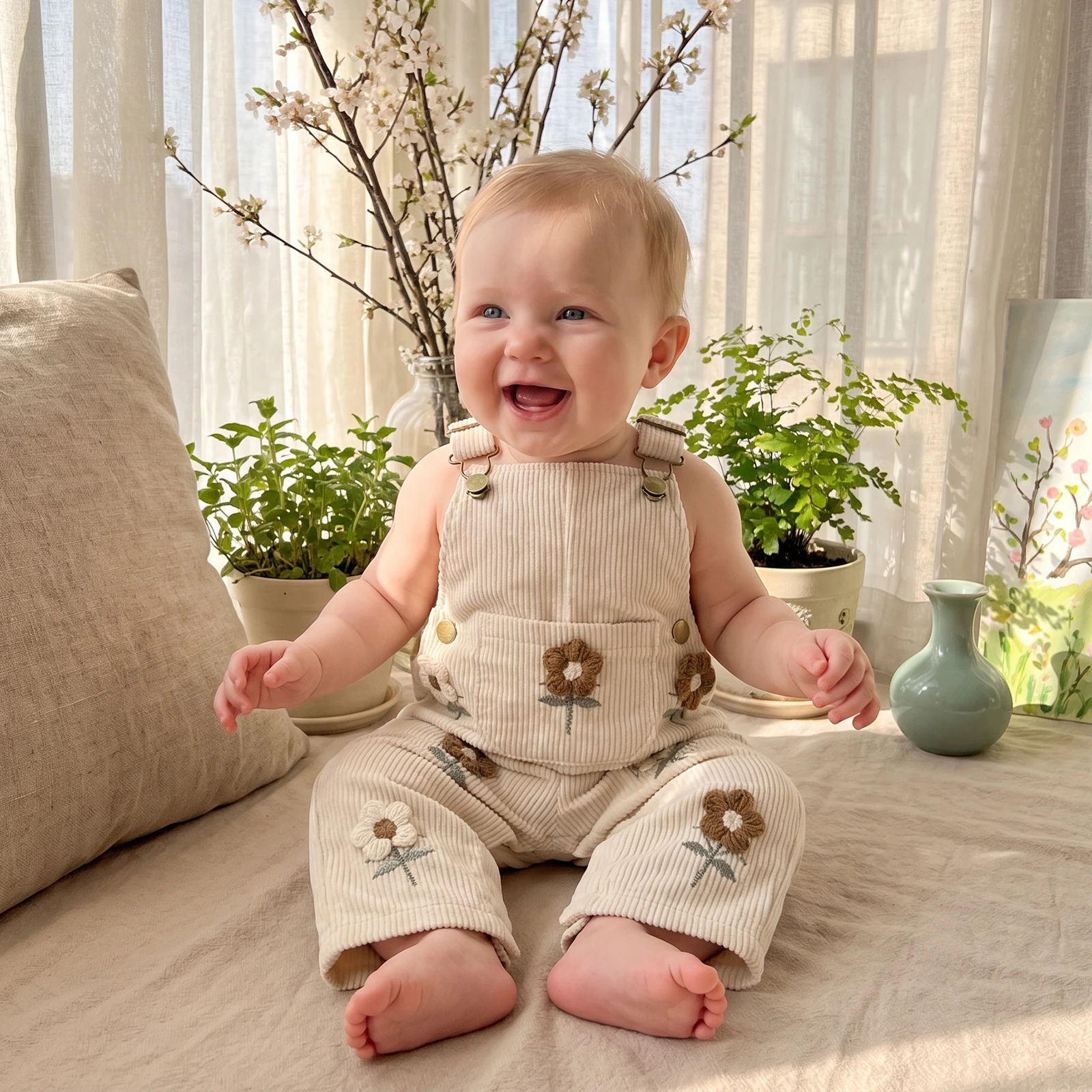 Kids Girls Overalls Sweet Embroidery Flower Corduroy Buckle Closure Pants